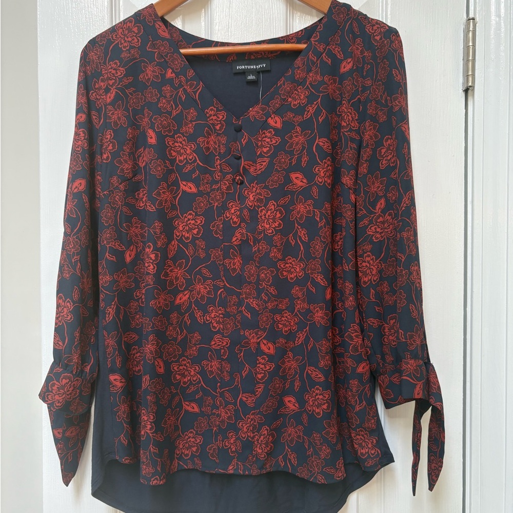 Red Relaxed Tie Front Blouse with 3/4 Sleeves